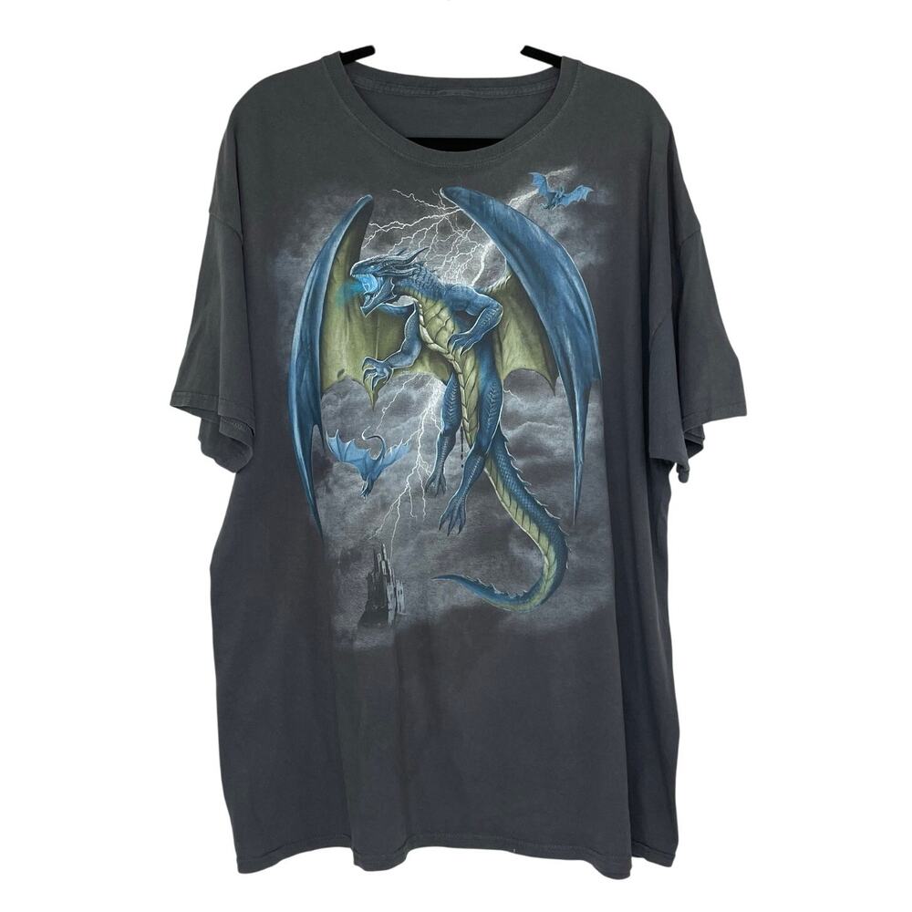 Unbranded Gray distressed t-shirt unisex blue dragon castle graphic